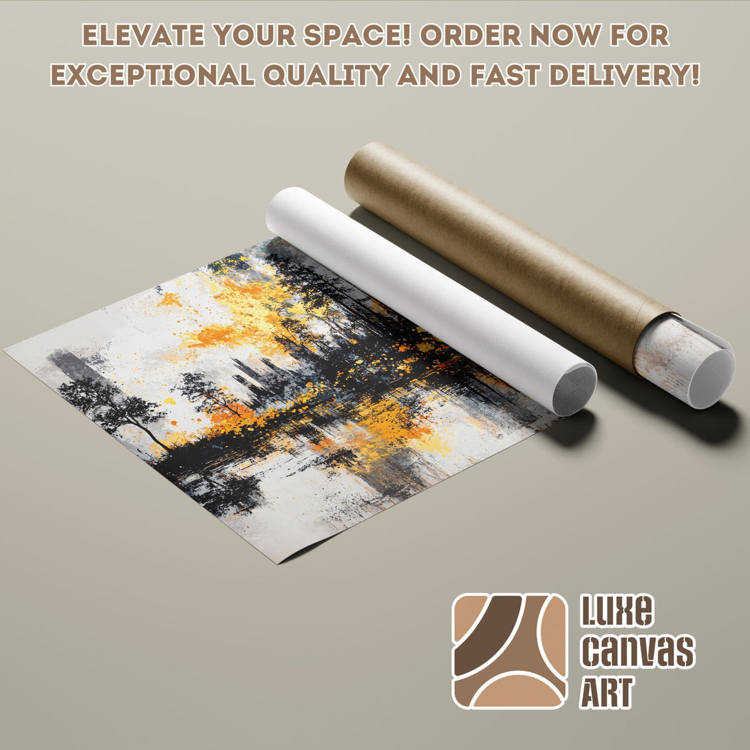 Abstract landscape Poster Roll with black, yellow, & gray color palette. Elevate your space with Luxe Canvas Art!