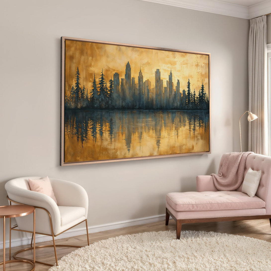 Framed Wall Art: Abstract city skyline canvas print in warm gold and blue tones. Modern art for your home decor, adding a touch of elegance.