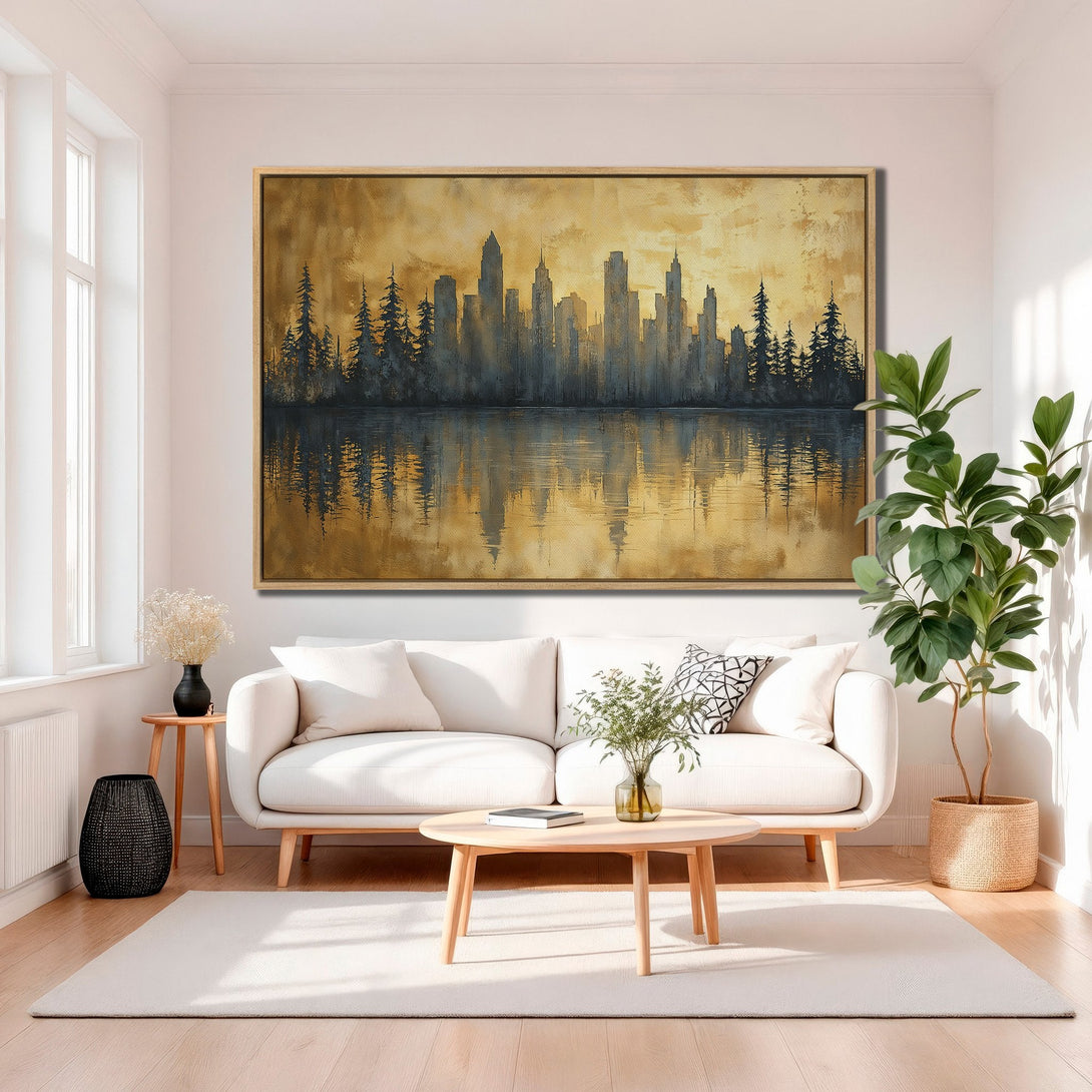 Framed Wall Art featuring a cityscape silhouette with a golden and blue color palette. Perfect for modern home decor. Shop our Canvas Print collection today!