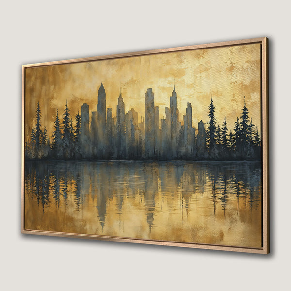 Framed Wall Art: Stunning cityscape Canvas Print with warm gold and blue hues. Modern art for your home decor.