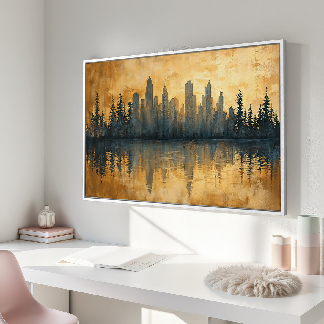 Framed Wall Art: Abstract cityscape canvas print in warm gold and blue tones. Modern art for living rooms and bedrooms. Enhance your home decor today!