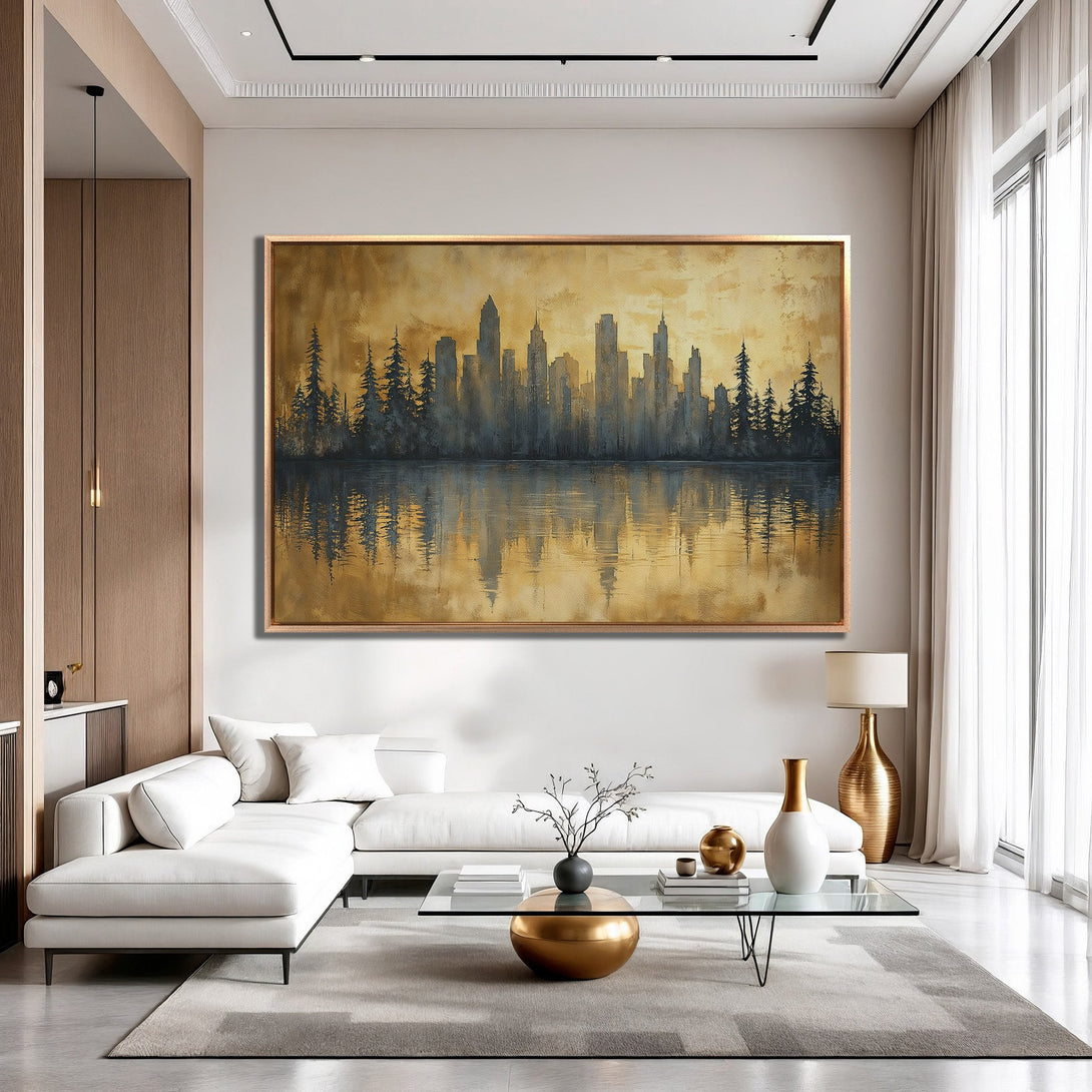 Framed Wall Art featuring a serene cityscape reflection. Modern style with a warm gold and blue color palette, perfect for living room decor.