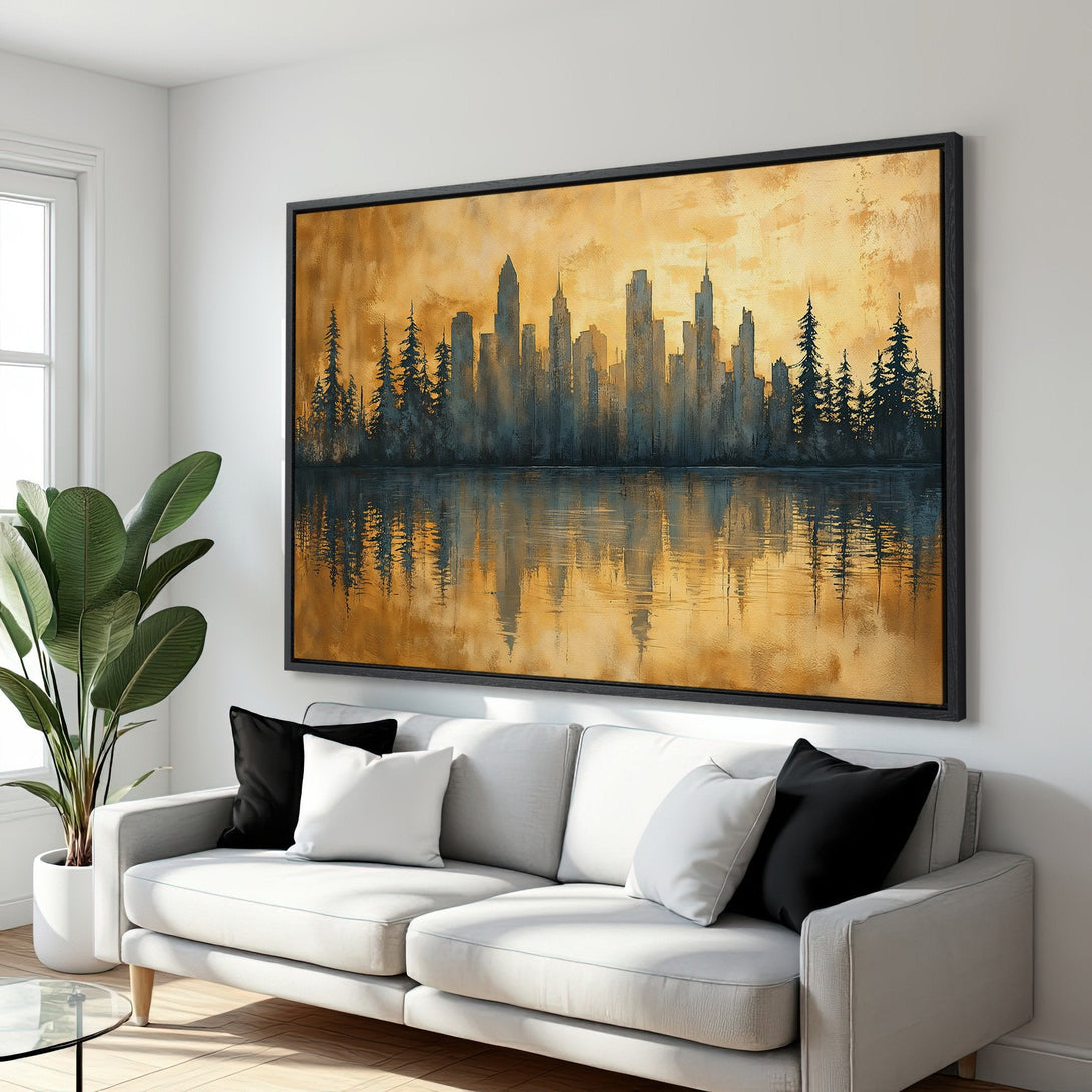 Framed Wall Art: Abstract cityscape Canvas Print with gold and blue tones. Modern art for your home, featuring a skyline and water reflection.