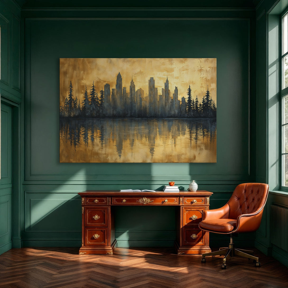 Framed Wall Art featuring a cityscape reflected in water, with a warm gold and blue color palette. Perfect for modern dining rooms.