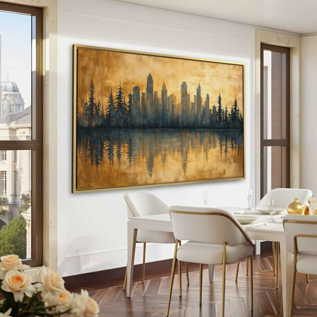 Canvas Print of a cityscape at sunset. Gold and blue tones create a dramatic, modern art piece for your home.