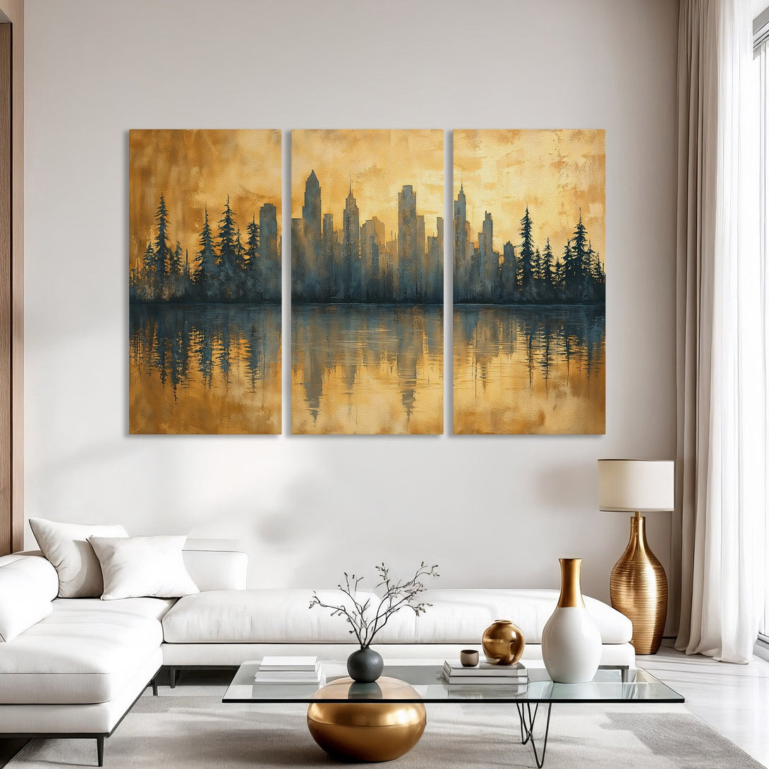 Canvas Print of a cityscape reflected in water, featuring a warm gold and blue color palette. Modern wall art for your home.