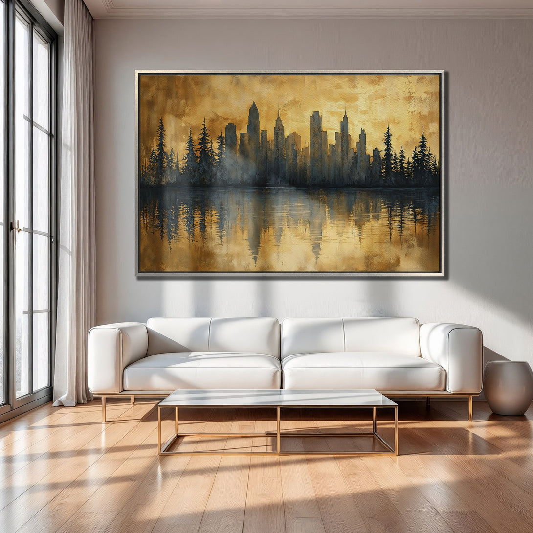Framed Wall Art featuring a cityscape silhouette in gold and black tones. Modern art piece perfect for living room decor.