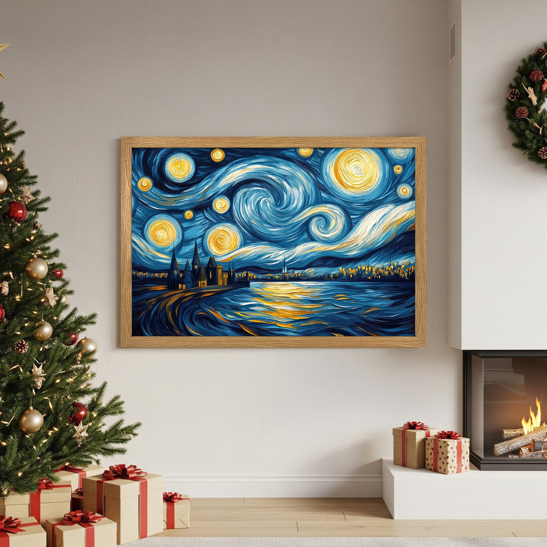 Framed Poster of Starry Night style artwork, blue and gold color palette, perfect wall art for your home.