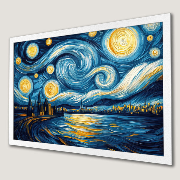 Framed Poster of a starry night cityscape in a Van Gogh style. Blue, yellow, and gold color palette. Perfect wall art!