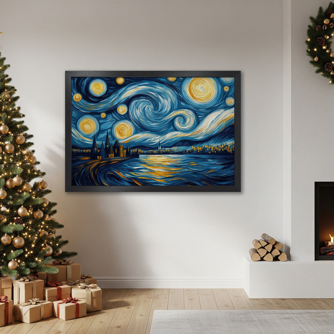 Framed Poster of a starry night painting in blue and yellow, perfect wall art for your home.