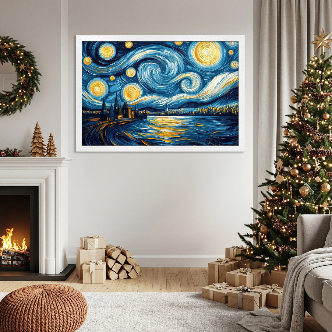 Framed Poster of Van Gogh's Starry Night reimagined. Stunning blue & yellow art print, perfect for home decor. Add a touch of art to your space!