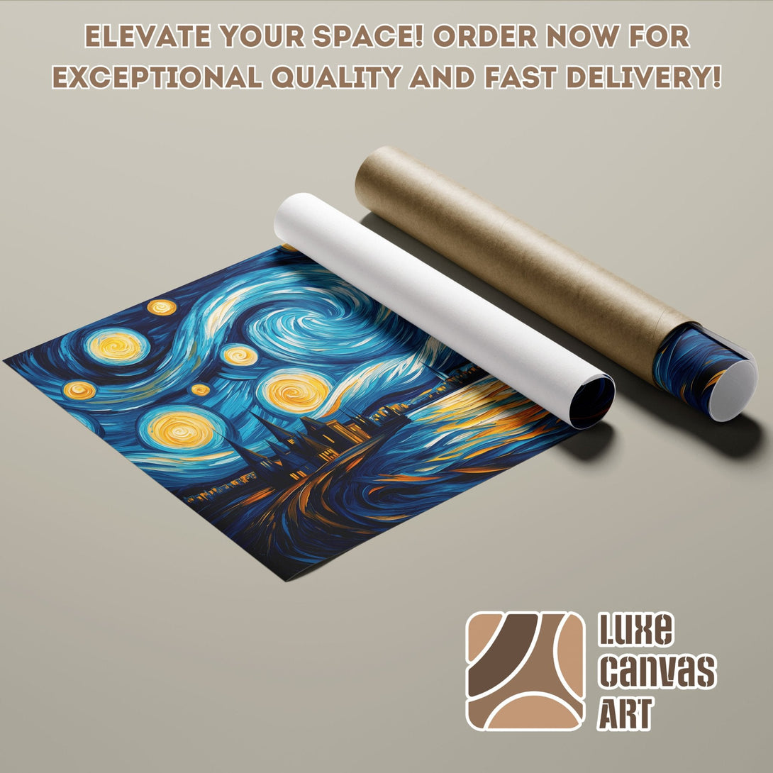 Starry Night Poster Roll, Impressionist style, blue and gold color palette. Elevate your space today!