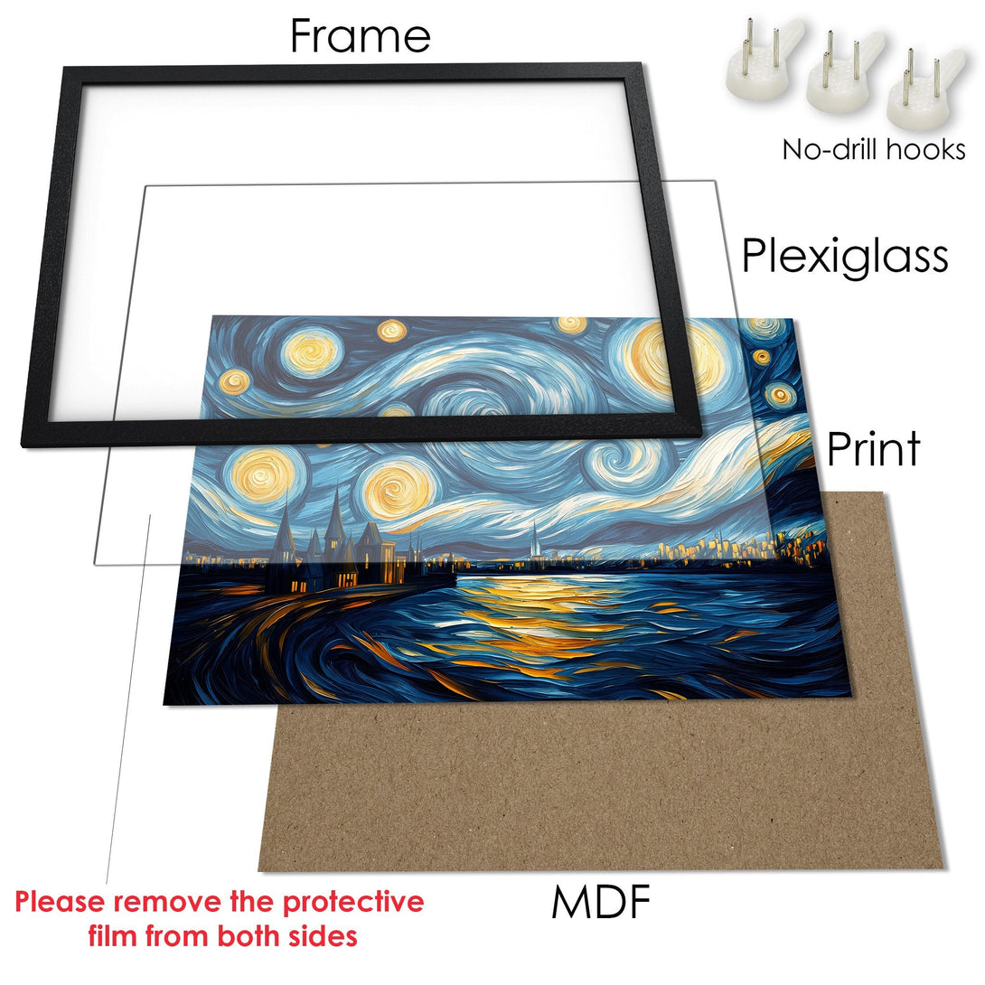 Framed Poster of a starry night landscape in a vibrant blue and gold color palette. Perfect wall art!