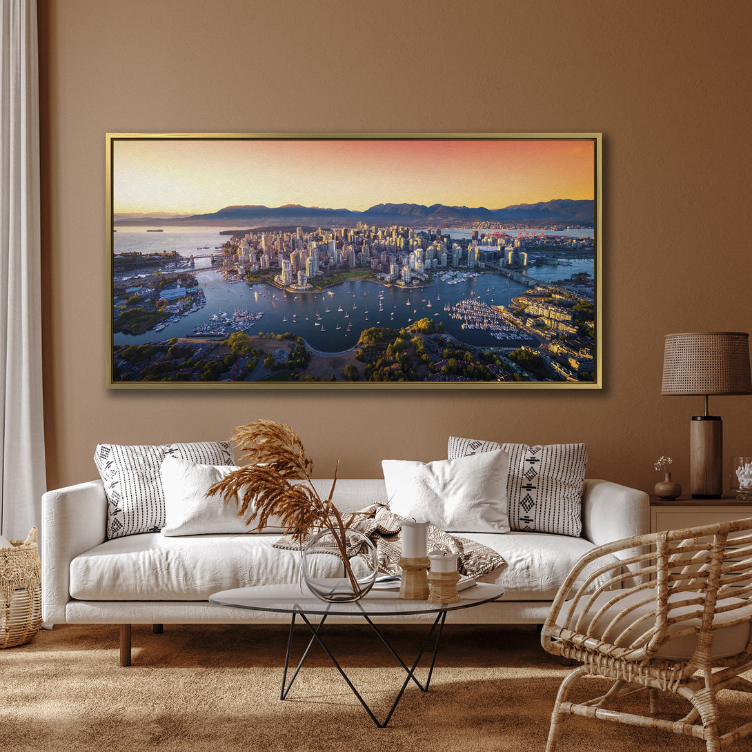 Canvas Print of Vancouver cityscape at sunset. Warm color palette, modern wall art for home decor.