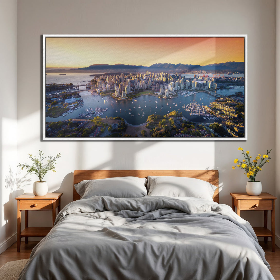 Framed Wall Art: Stunning aerial view of Vancouver city skyline in warm sunset hues. Modern decor with a vibrant color palette, perfect for bedroom wall art.