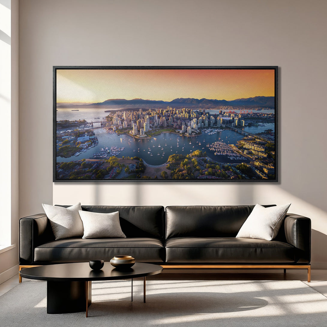 Framed Wall Art: Aerial view of Vancouver cityscape with warm sunset colors. Modern Canvas Print adds a touch of elegance to any interior.