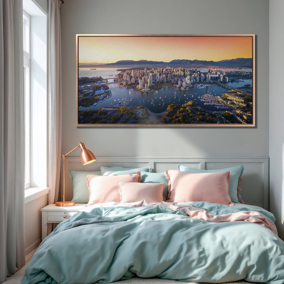 Framed Wall Art: Aerial view of Vancouver cityscape in warm tones. Modern decor with teal, pink, and gold accents. Perfect for bedroom or living room.