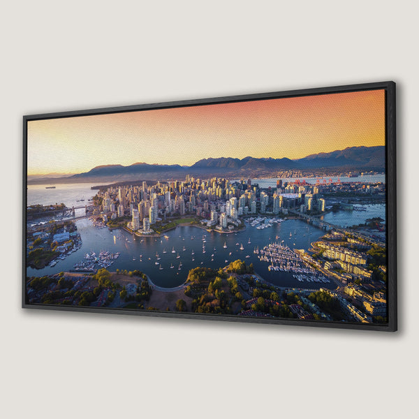 Framed Wall Art of Vancouver cityscape at sunset. Warm, vibrant colors and aerial view. Perfect for modern home decor. Canvas Print.