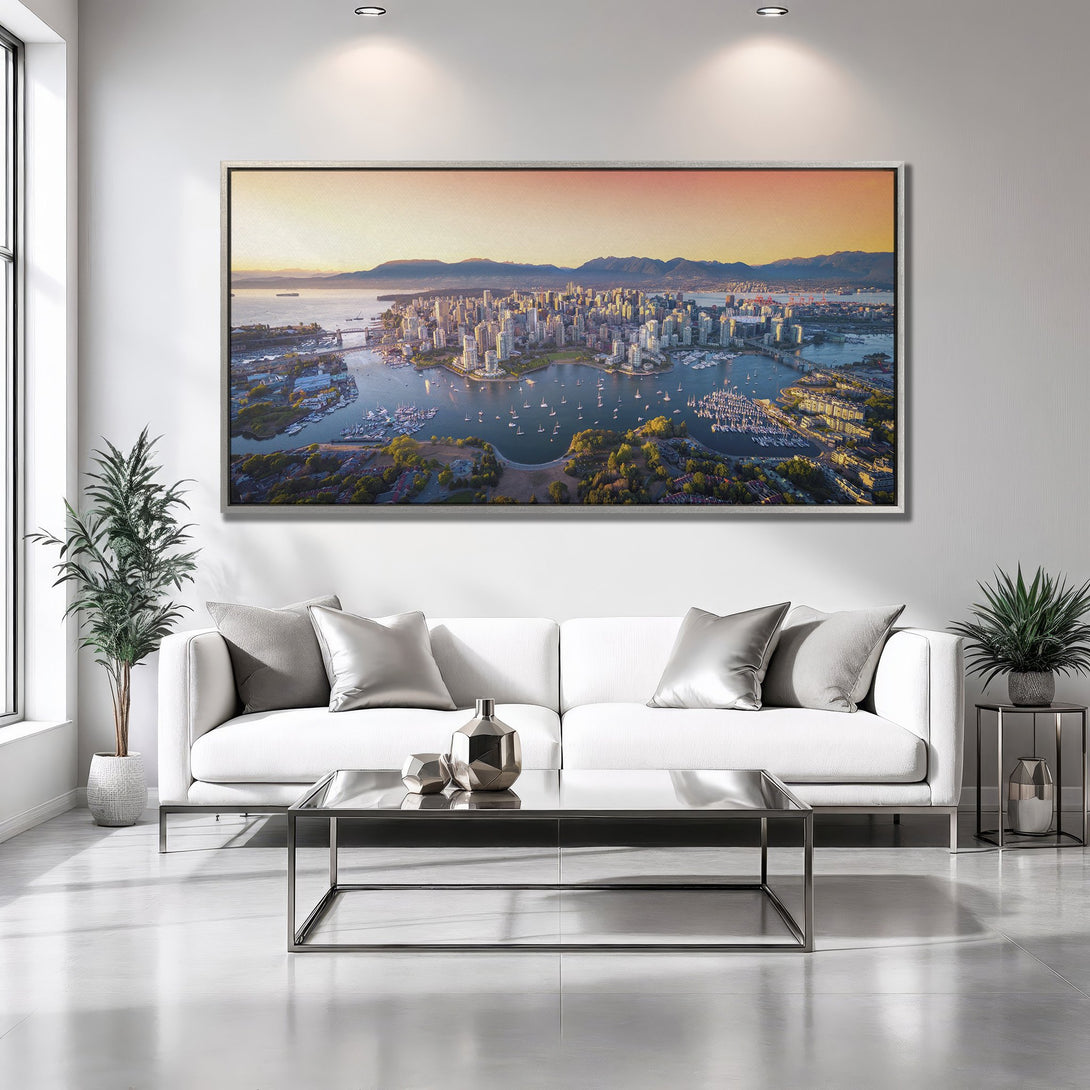 Framed Wall Art of Vancouver cityscape in warm tones, perfect for modern home decor. Add a touch of elegance with this stunning Canvas Print.