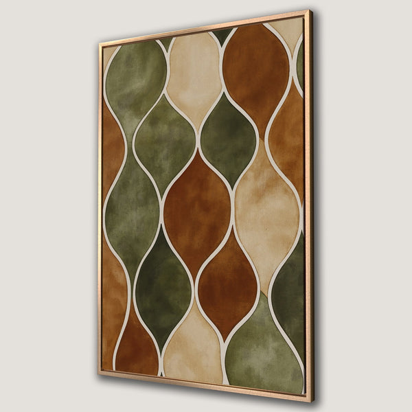 Framed Wall Art featuring an abstract, geometric design in earthy tones of green, brown, and beige. Perfect for adding a touch of modern style to any room.