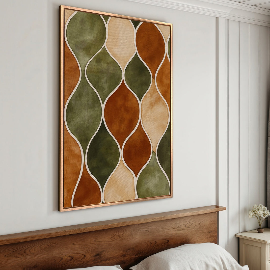 Framed Wall Art: Abstract geometric design in warm earth tones (green, brown, beige). Modern canvas print perfect for bedroom decor.
