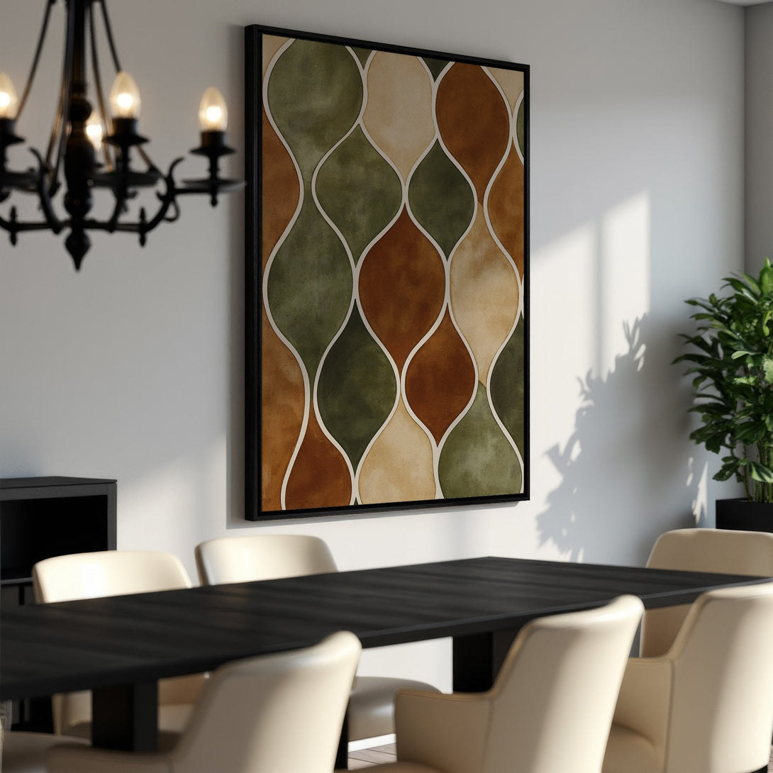 Framed Wall Art in a dining room setting. Abstract geometric pattern in earthy tones of brown, green, and beige. Modern art for your home.