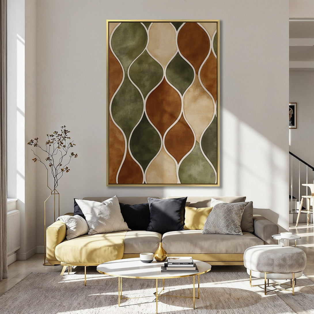 Canvas Print featuring an abstract geometric pattern in earthy tones of green, brown, and beige. Modern art for stylish home decor.