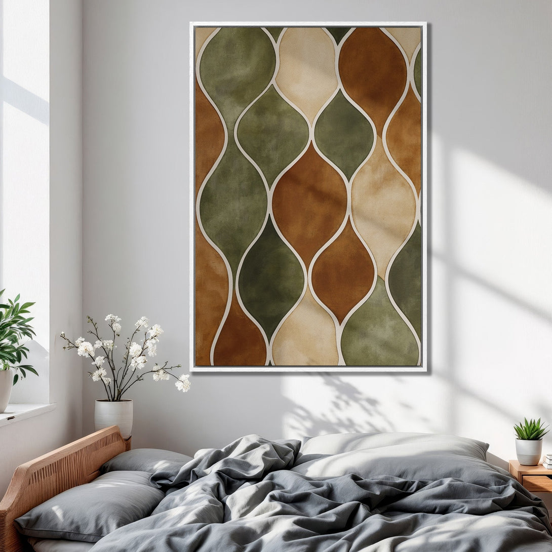 Framed Wall Art featuring an abstract geometric pattern in earthy tones of green, brown, and beige. Modern art for bedroom decor.