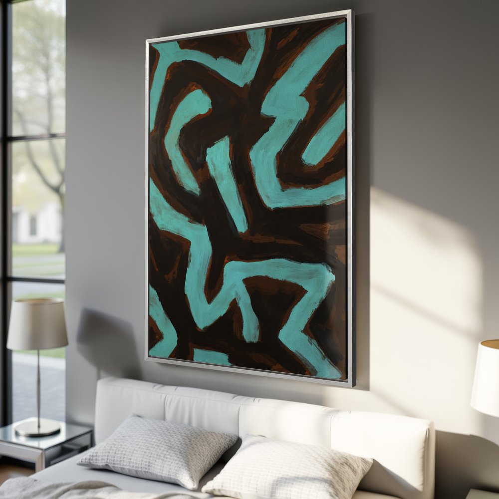 Abstract Canvas Print with teal and brown brushstrokes, framed wall art for modern home decor.