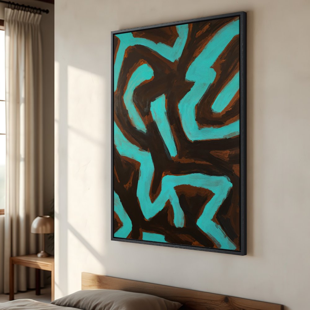 Framed Wall Art: Abstract teal and brown artwork. Modern canvas print with bold lines and a striking color palette. Perfect for adding style to any room.
