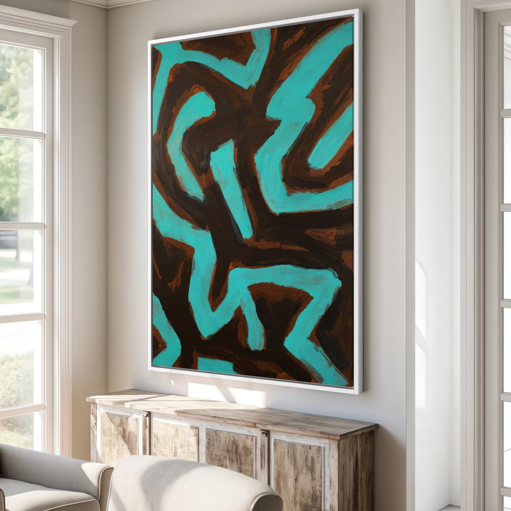 Framed Wall Art: Abstract turquoise and brown painting. Modern art canvas print adds a pop of color to any interior. Shop now!