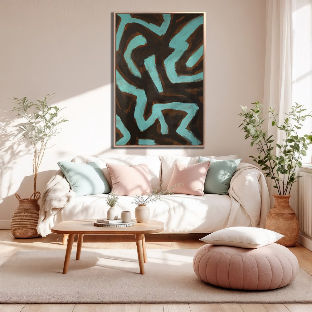 Framed Wall Art: Abstract teal and brown painting, modern style, displayed in a cozy living room. Perfect for adding a pop of color!