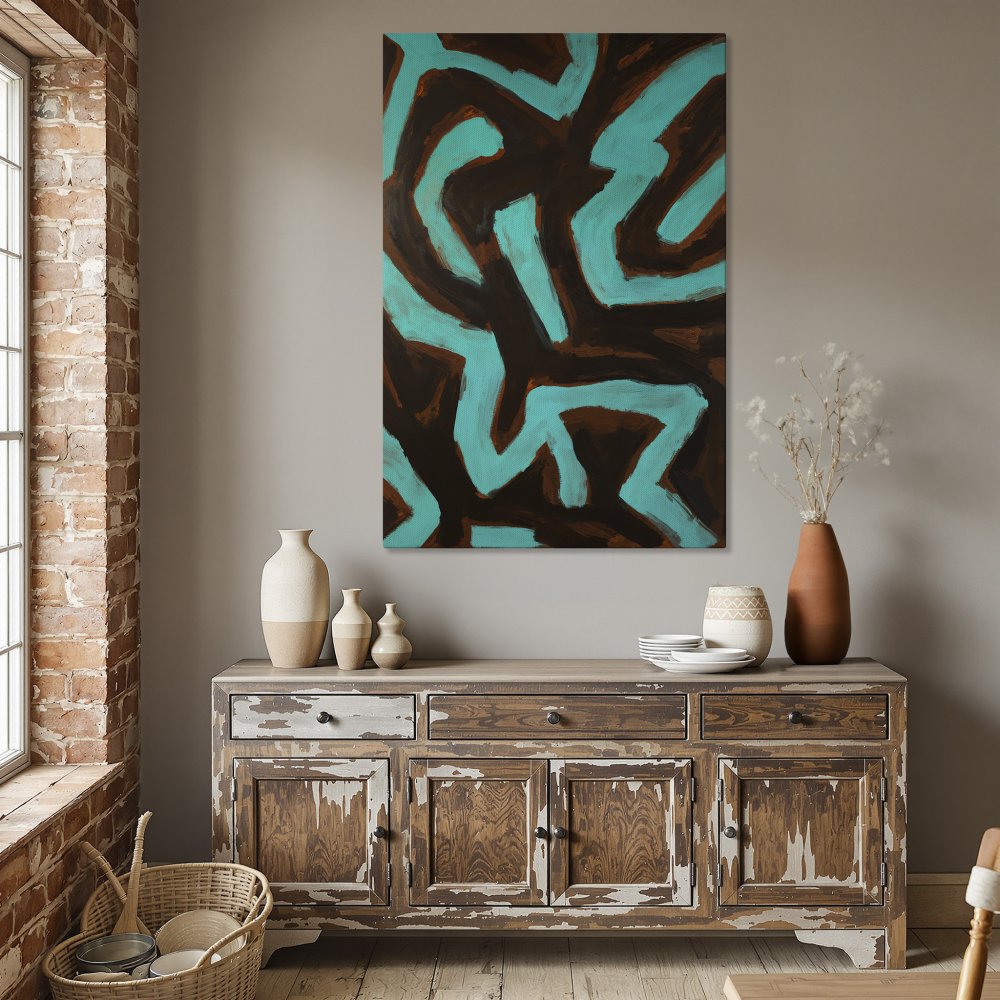 Framed Wall Art: Abstract turquoise and brown painting. Modern art for dining room decor. Canvas Print with gold frame.