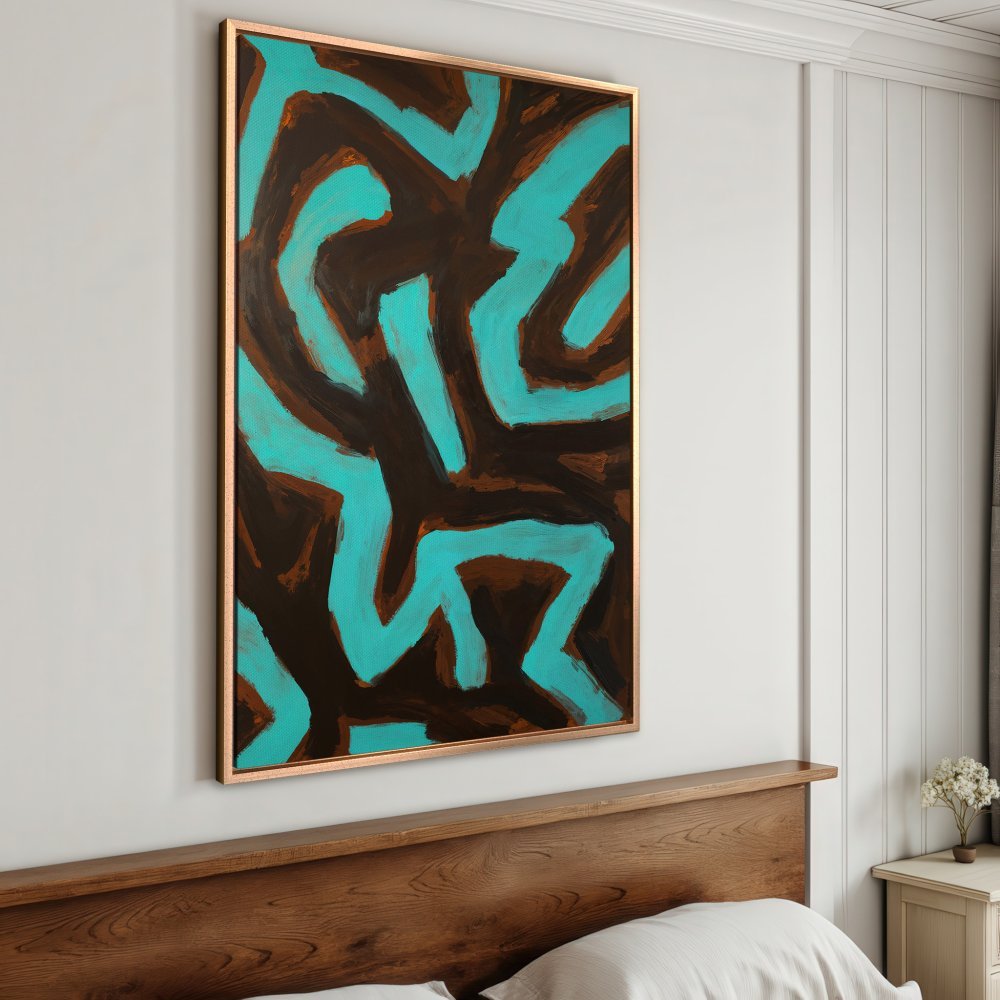Framed Wall Art: Abstract teal and brown painting. Modern style Canvas Print with a copper frame, perfect for bedroom decor.