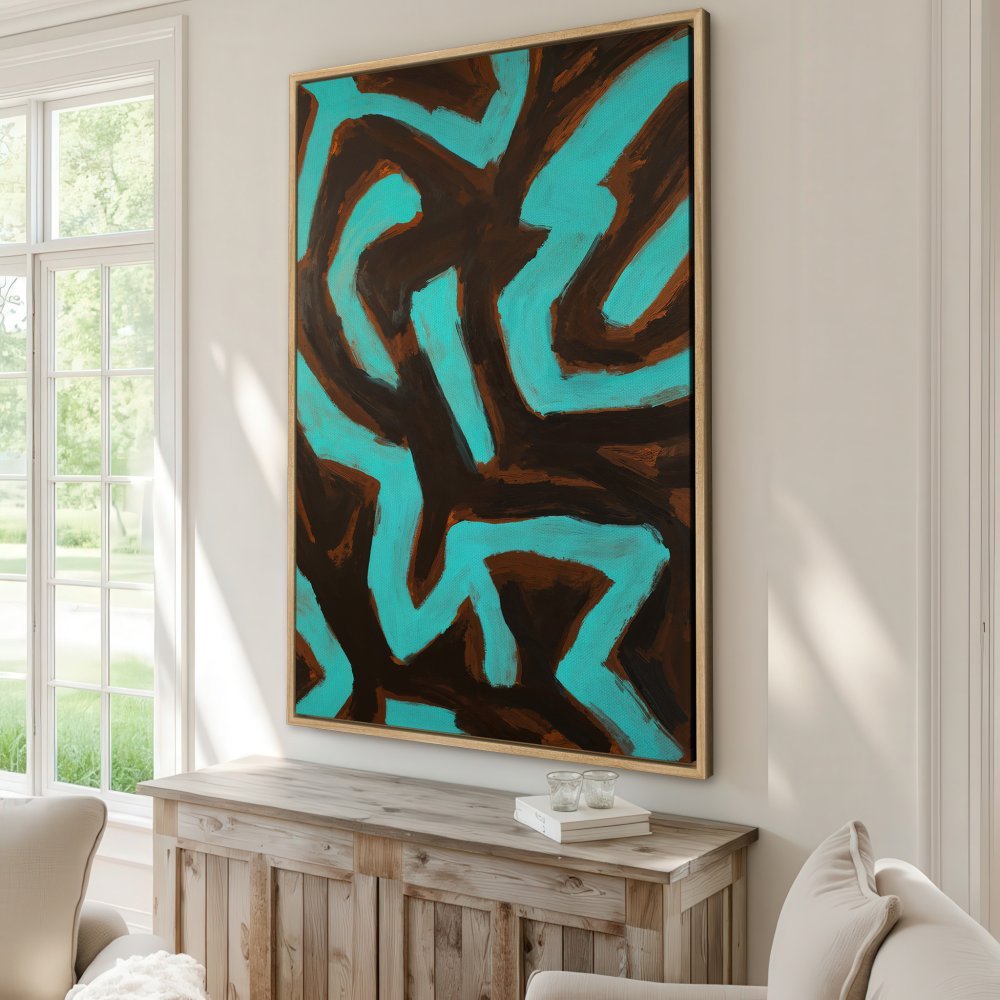 Abstract Canvas Print with turquoise and brown brushstrokes. Modern framed wall art for living room decor.