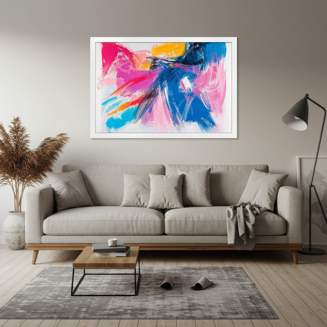 Framed Poster featuring vibrant abstract art in pink, blue, and yellow. Modern art print for home decor.