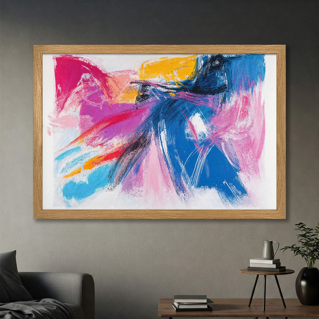 Framed Poster: Abstract art print with vibrant pink, blue, and yellow brushstrokes. Modern style, perfect for home decor.