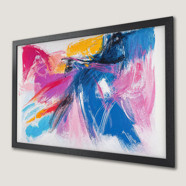 Framed Poster featuring abstract art with vibrant blue, pink, and yellow brushstrokes. Modern art print for your home decor.