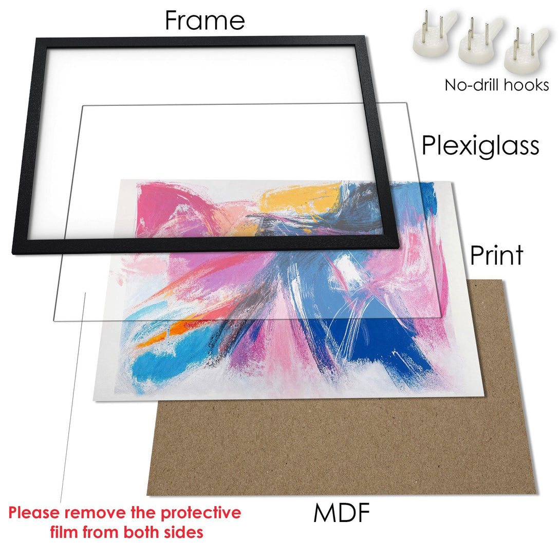 Framed Poster featuring abstract art in vibrant pinks, blues, and yellows. Modern art print for your home decor.
