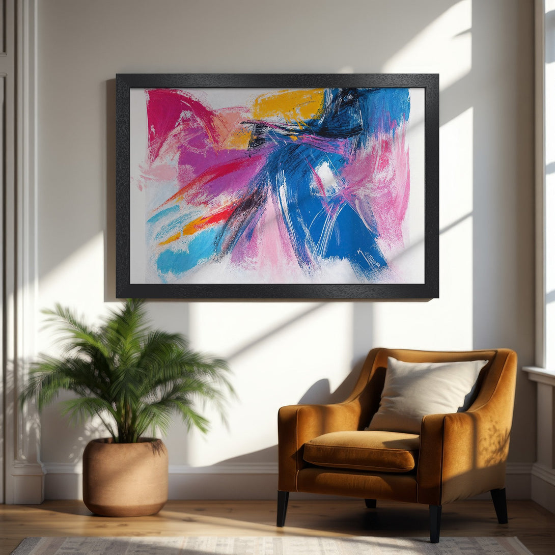 Framed Poster featuring abstract art in pinks, blues, and yellows. Modern style, vibrant color palette, perfect for home decor.