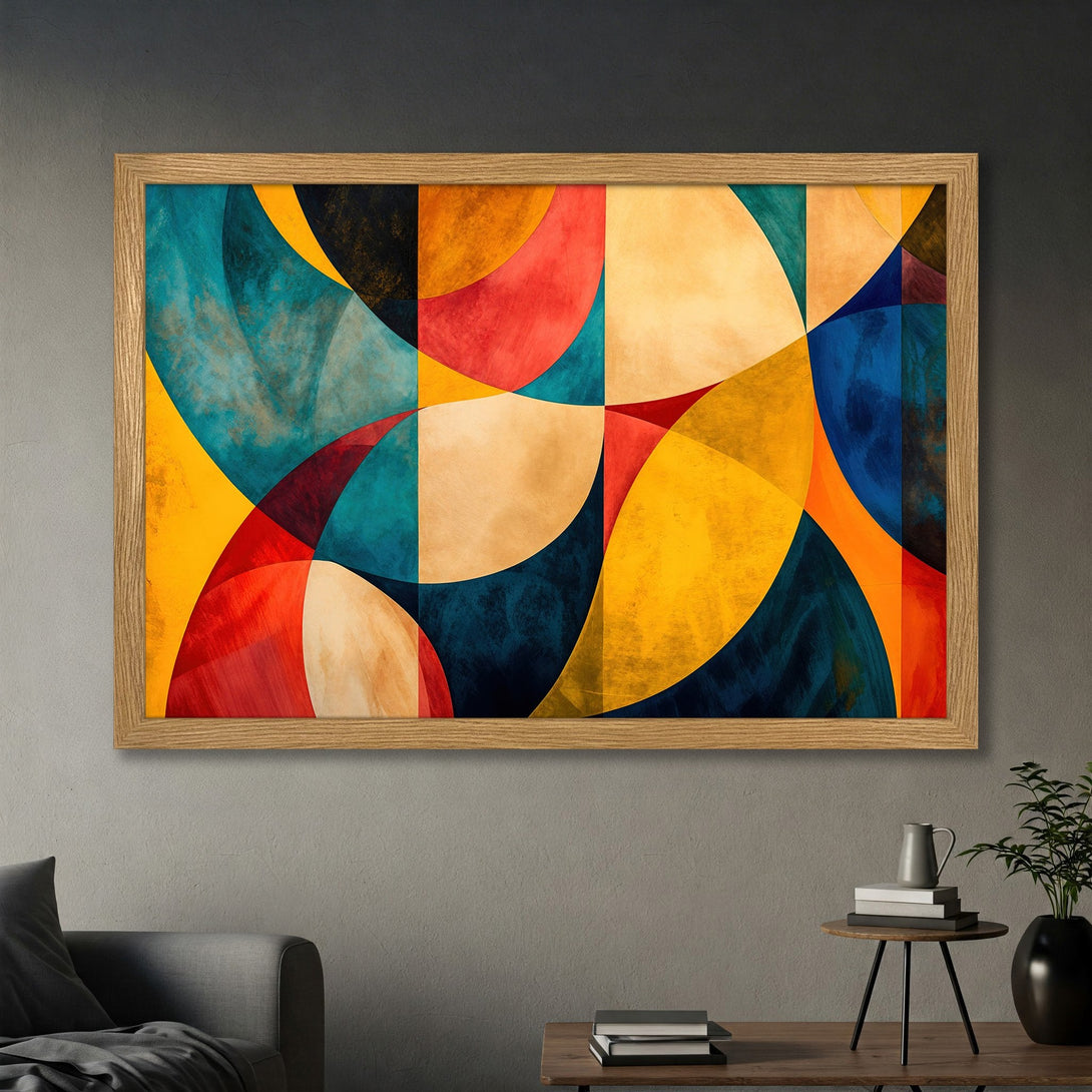 Framed Poster featuring abstract geometric art in vibrant teal, yellow, red, and blue hues. Modern art print for home decor.