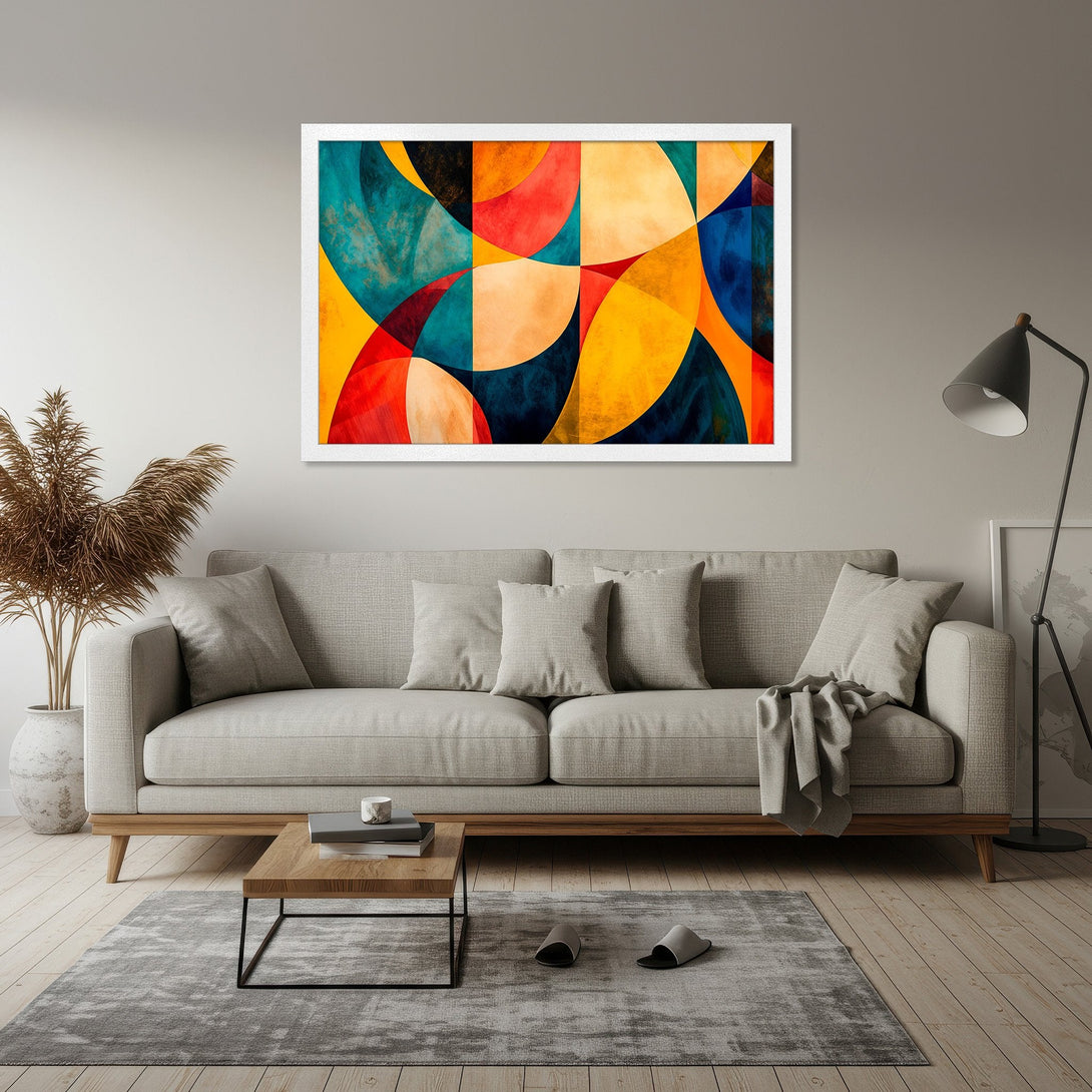 Framed Poster featuring abstract geometric art in a vibrant, warm color palette. Perfect wall decor to elevate your space!