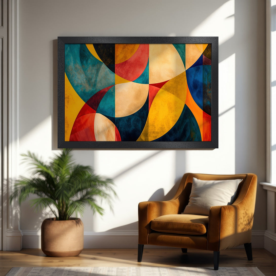 Framed Poster featuring abstract geometric art in vibrant yellow, red, and blue hues. Modern art style, perfect for home decor.