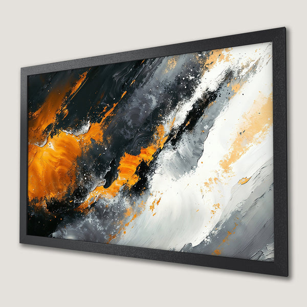 Framed Poster featuring abstract art with orange, black, and gray brushstrokes. Modern wall art for home decor.
