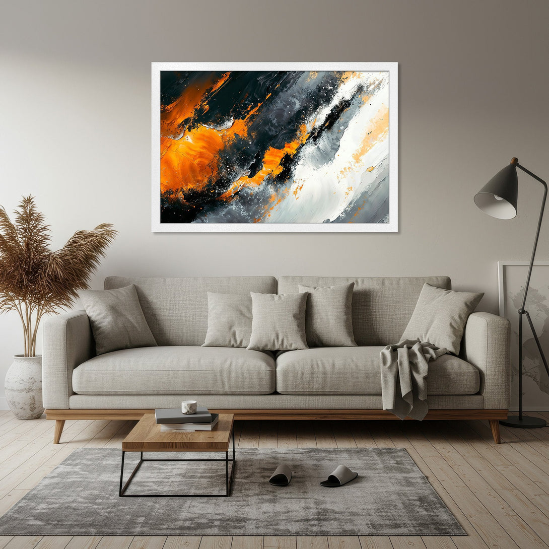 Framed Poster featuring abstract art with orange, black, and gray brushstrokes. Modern wall art for a stylish home.