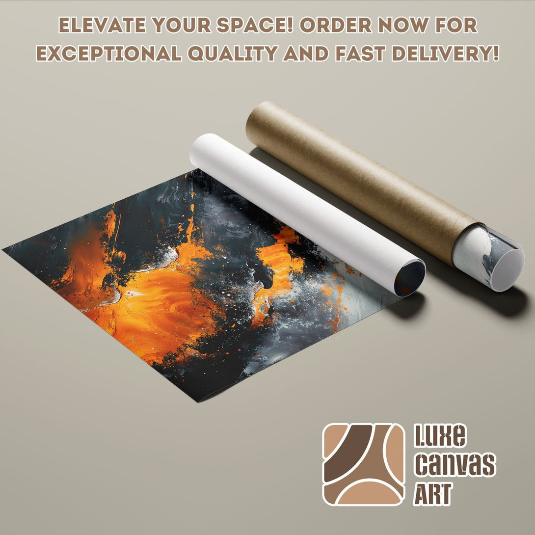 Abstract art Poster Roll in orange, black, and gray. Elevate your space with Luxe Canvas Art.