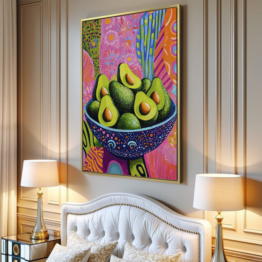 Vibrant Canvas Print of avocados in a bowl. Pop art style with a colorful pink, green, and blue palette. Perfect wall art for a modern kitchen.
