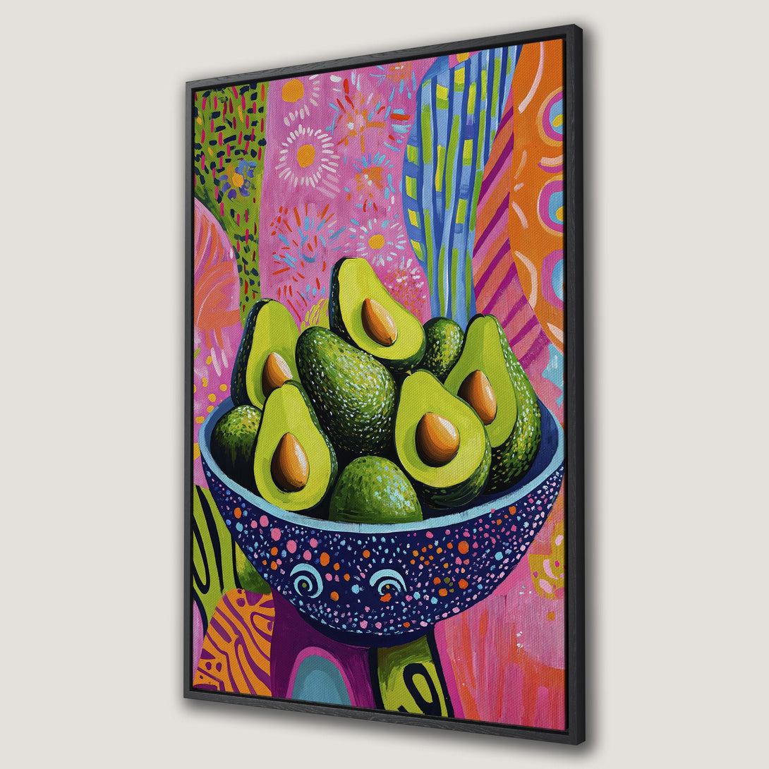 Framed Wall Art featuring a vibrant avocado still life. Bold, colorful abstract style with pink, green, and blue hues. Perfect kitchen or dining room decor.