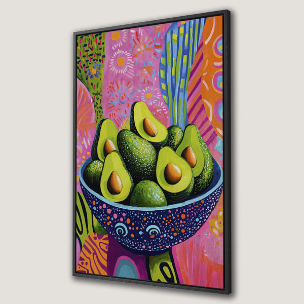 Framed Wall Art featuring a vibrant avocado still life. Bold, colorful abstract style with pink, green, and blue hues. Perfect kitchen or dining room decor.