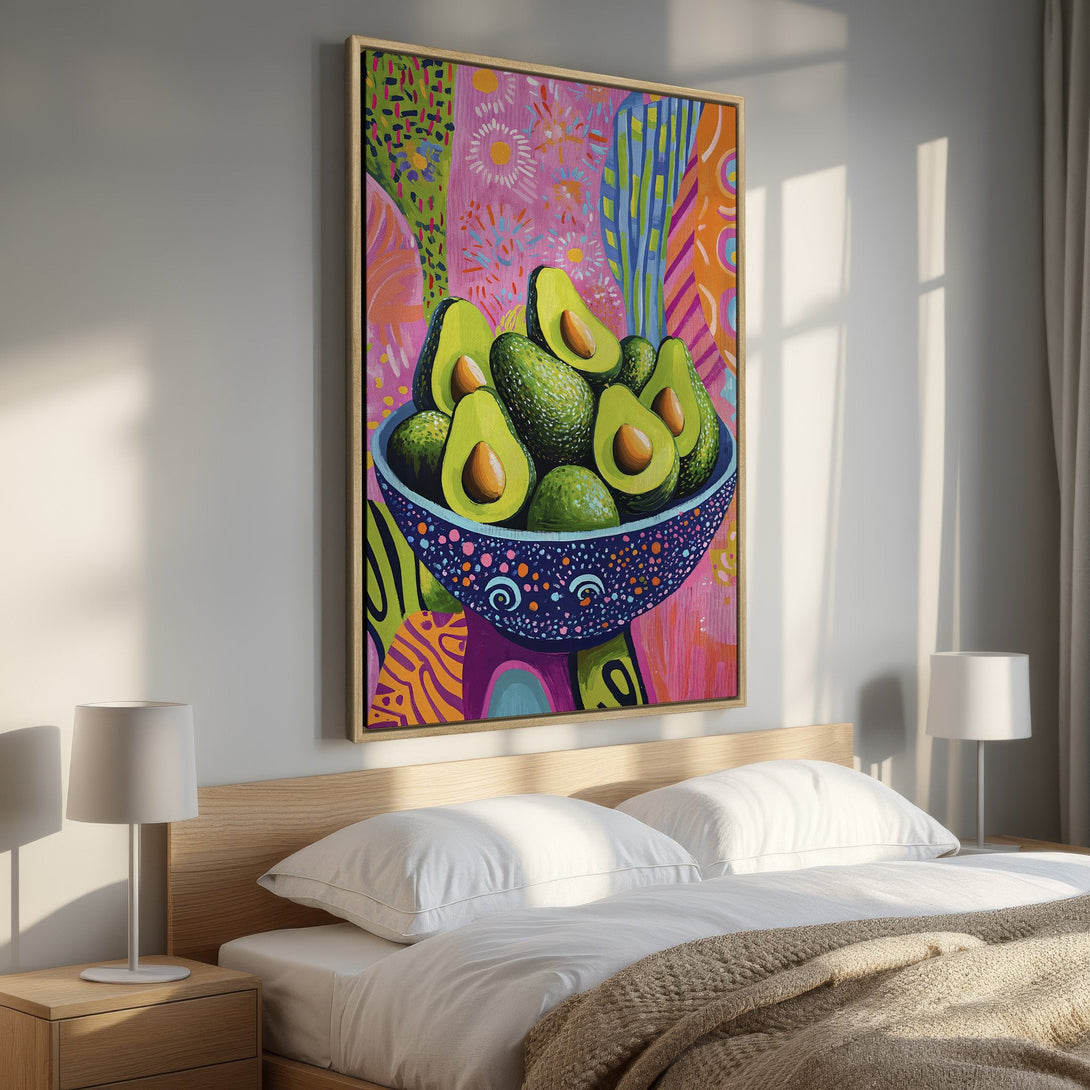 Framed Wall Art: Vibrant avocado painting in a colorful, abstract style. Adds a pop of color and modern art to any space. Perfect for kitchen or bedroom decor.